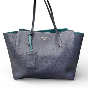 Gucci Swing Large Tote – Navy Pebbled Leather with Teal Interior – Made in Italy
